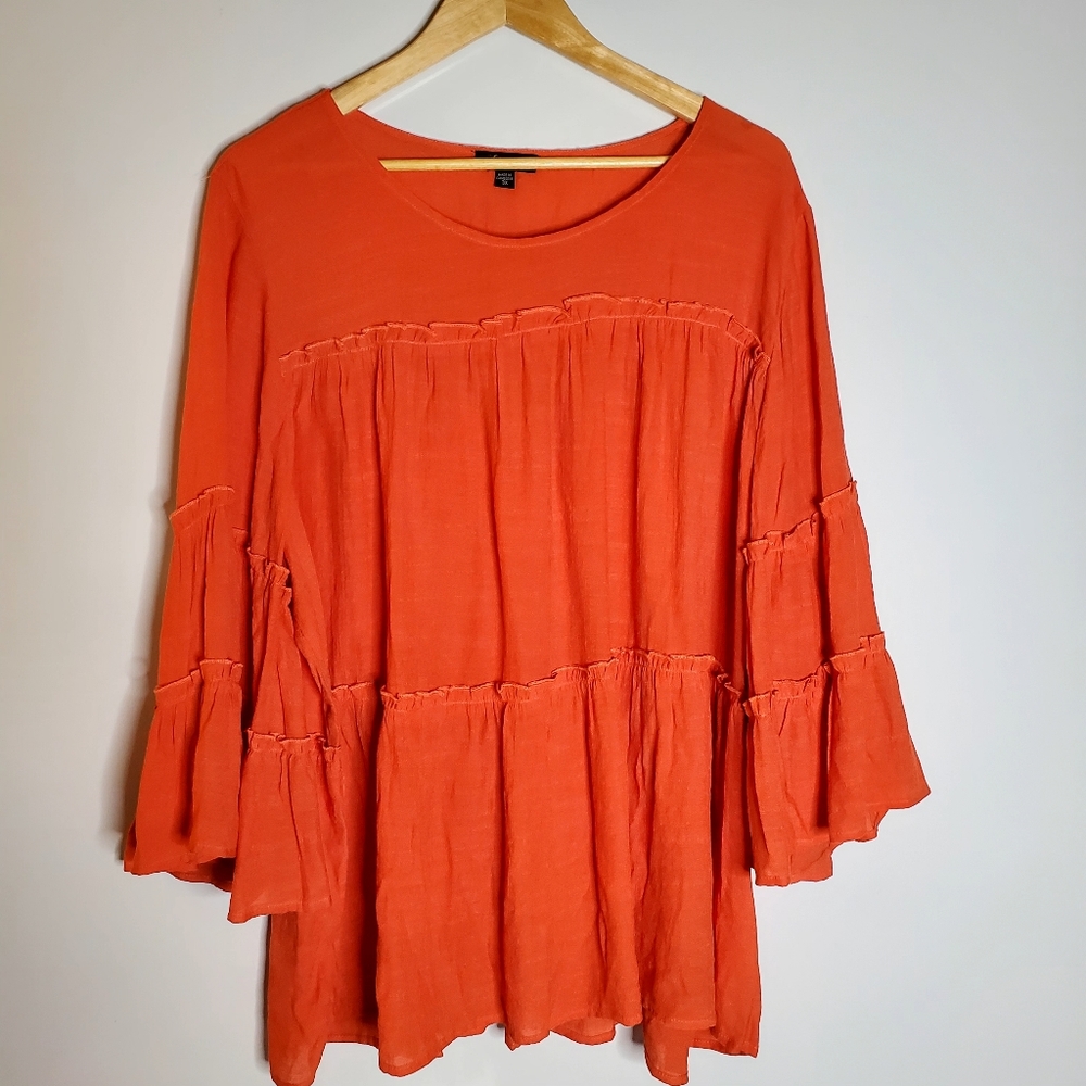 Cocomo Woman Dark Orange crepe fabric tiered oversized boho long sleeve blouse